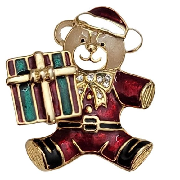 Red Green Enamel Clear Rhinestone Christmas Bear With Gift Trembler Brooch, K826 - Picture 9 of 10